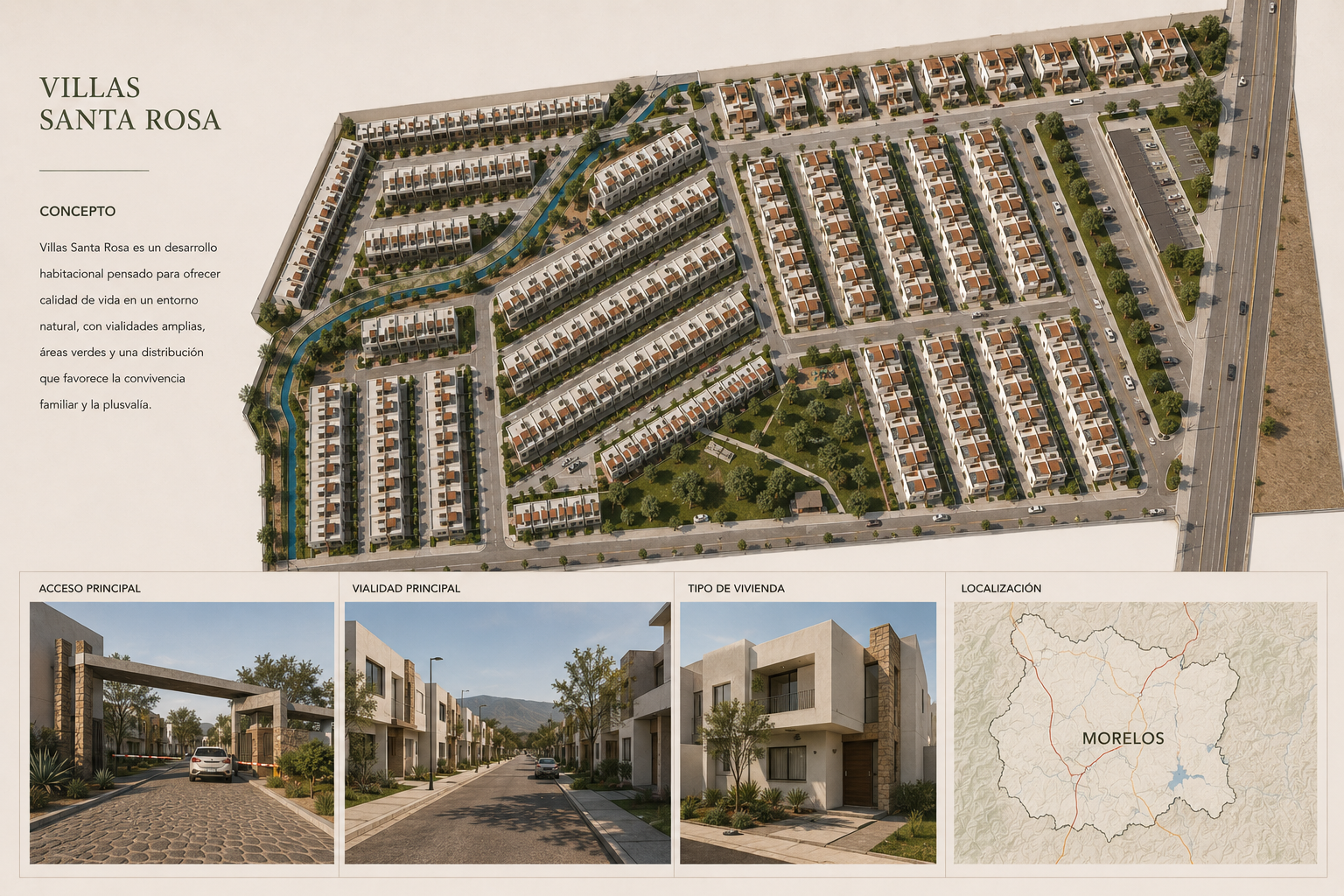 Render del master plan habitacional Villas Santa Rosa, Tlaltizapán, Morelos.